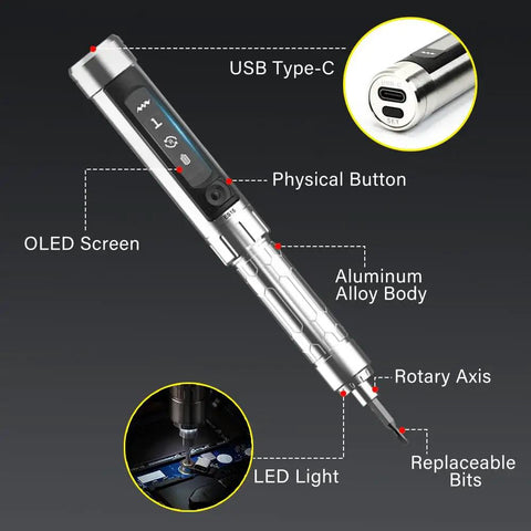 Marker Sized Pocket Friendly Electric Screwdriver Kit with 24 Magnetic Bits showing USB-C port and OLED screen details