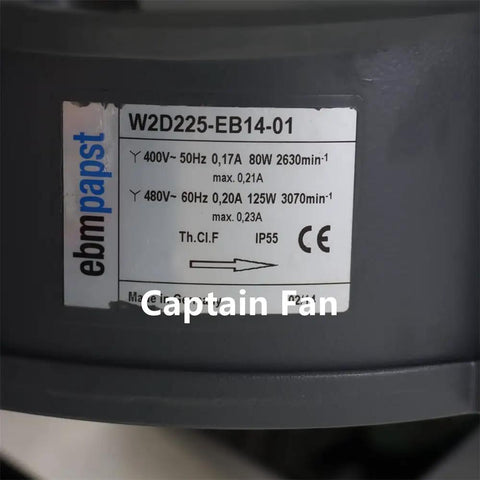Label on W2D225-EB14-01 Beefy Spindle Motor Fan For Industrial CNC Cooling 400-480VAC, detailed specifications visible.