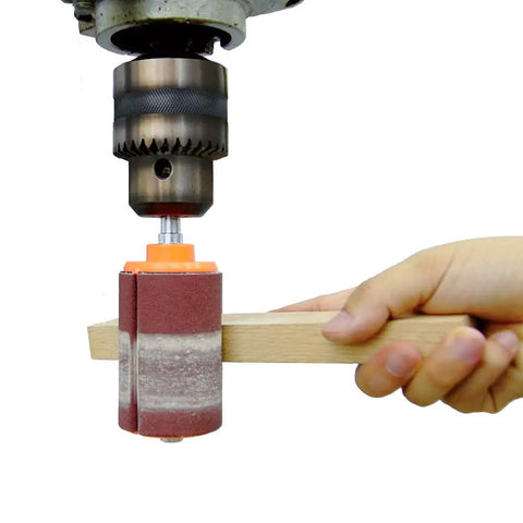 Game Changing Two By Three Inch Sanding Drum Kit For Drill Press And Hand Tools Cut To Size Sheet Abrasive For Fast Track Woodworking And Knockout Contour Sanding Results in use with a drill and wood piece.