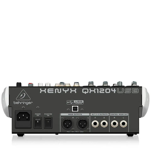 Rear view of Xenyx QX1204USB Premium 12 Input 2 By 2 Bus Analog Mixer with ports and connections visible, focusing on USB interface.