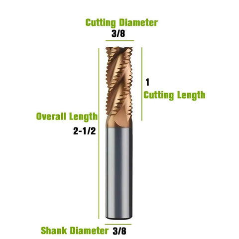 Three Eighths Inch Carbide Roughing End Mill Four Flute Three Eighths Inch Shank Two And One Half Inch Overall Length TiN Coated
