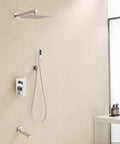 Shower System, 10-Inch Rain Head, 2-in-1 Handheld, Chrome, Wall Mount fitted in a sleek bathroom with beige tiles.