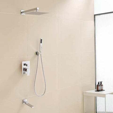 Shower System, 10-Inch Rain Head, 2-in-1 Handheld, Chrome, Wall Mount fitted in a sleek bathroom with beige tiles.