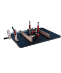 Dead Nuts Precise Router Lift For Workbenches Featuring Heavy Duty Sealed Bearings And Smart Tension Locking Rig view with handwheel and mounted rods on black platform.