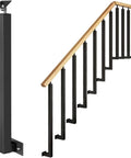 Adjustable Flat Bracket Spindle Post Side Mount Railing Column Kit Square Wrought Iron Banister Guardrail Black Finish with wood handrail