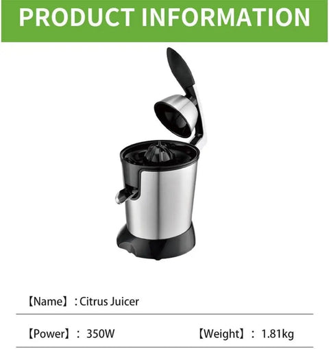350W Electric Citrus Juicer Lemon Squeezer With Stainless Steel Two Way Press and Ergonomic Hinge Design For Fast Orange Juice Extraction 400Ml Capacity Perfect For Home Kitchen, silver juicer with lid open.