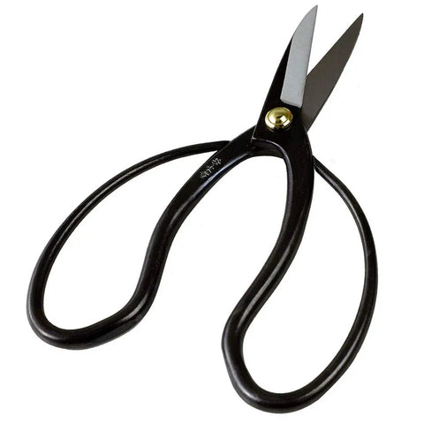7 Inch Japanese Bonsai Scissors For Precision Pruning Of Mini Trees Hasami Pruning Shears Made In Japan Real Hand Forged S58C Black Carbon Steel Blade Garden Tools For Delicate Bonsai Work With Comfortable Grip By Niigata Artisans Pro Grade Quality, showing blades and rounded handles, isolated view.