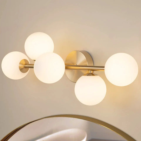 Five Light Bathroom Vanity Light Fixture With Milk Glass Globes In Brass Finish For A Slick Mid Century Modern Look And Semi Flush Mount Ceiling And Wall Sconce G9 Base over a mirror