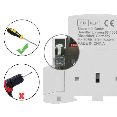 Back view of 12V DC Contactor 25A 2 Pole With 2 NO Contacts DIN Rail Mount with correct screw method highlighted.