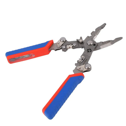 Yunseity 16 In 1 Folding Wire Stripper Pliers Crimper Tool, heavy duty steel, compact design with blue and red rubber grips