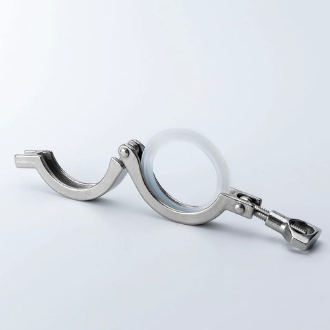 2-inch stainless steel tri-clamp with silicone gasket, side view showing wing-nut bolt