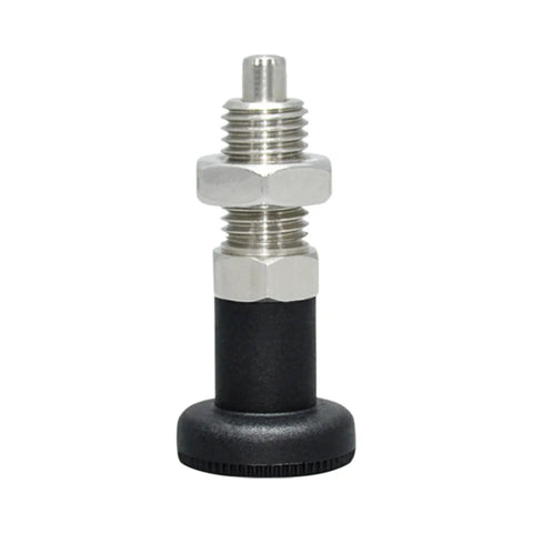 Slick Stainless Steel Locking Indexing Pin With Spring Loaded Knurled Knob, black base, precision tool for tradesmen's projects.