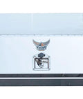 Built To Spec Aluminum Headache Rack And Logger Toolbox Kit For Big Rigs Featuring Dimpled Mirror Finish Flatbed Cargo Setup, Chain Hangers And Secure Handle Locks, shiny aluminum toolbox with lock.