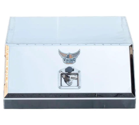 Built To Spec Aluminum Headache Rack And Logger Toolbox Kit For Big Rigs Featuring Dimpled Mirror Finish Flatbed Cargo Setup, Chain Hangers And Secure Handle Locks, shiny aluminum toolbox with lock.