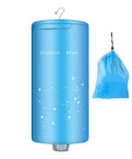 Portable 900W Mini Electric Clothes Dryer Rack For Apartments And Travel Ready, shown with hanging bag and blue cylindrical design.