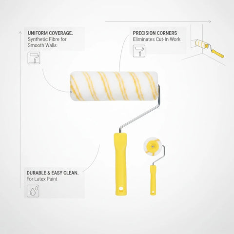 Premium Paint Roller Featuring Dual Yellow Strip Guide For Consistent Latex Flow Zero Streaks Killer Coverage Easy Peasy Application.
