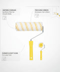 Knockout Paint Roller One Pack With A Legit Synthetic Fiber Cover And Dual Yellow Stripes To Slam Missed Spots And Serve Up Butter Smooth Coverage For Any Weekend Warrior DIY Project, with striped cover and tools.