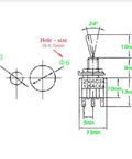 VONVOFF mini SPST toggle switch, three pins; front and side views with mm dimensions (13mm wide, 10mm tall).