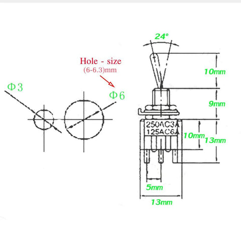 VONVOFF mini SPST toggle switch, three pins; front and side views with mm dimensions (13mm wide, 10mm tall).