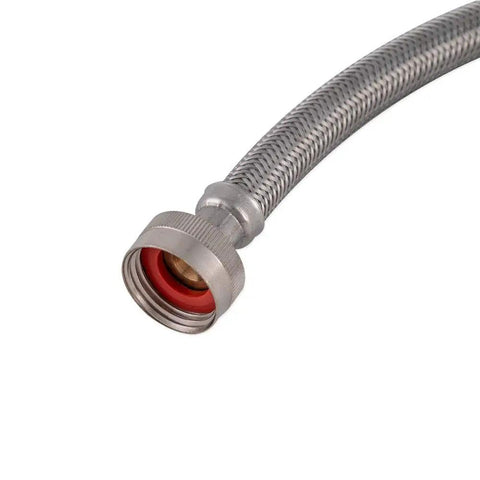 Close-up of a braided stainless steel hose end with elbow fitting, part of the Two 5 Ft Braided Stainless Steel Washing Machine Hoses With Elbows Pack Of 2 3/4 Inch FHT X 3/4 Inch FHT Full Flow High Pressure Connectors Built For Leak Free Water Supply