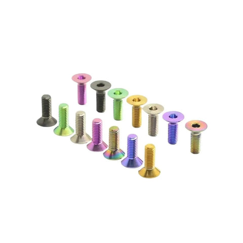 Top Shelf M3 Gr5 Titanium Countersunk Screws Hex Socket Flat Head Fasteners Built Tough Corrosion Resistant Hardware Real Deal Smooth Threads Five Pack Green in various colors.