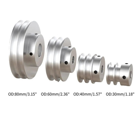 Pro Class Aluminum Double Groove Pulley Featuring 30mm Outside Diameter And 16mm Fixed Bore Built For Drilling Machines Compatible With 6mm Pu Round Belts Hella Durable And No Drama Setup - Four pulley sizes displayed.