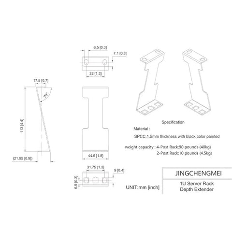 Diagram of 1U Server Rack Depth Extender Built With Heavy Duty Aluminum Alloy detailing dimensions and specifications.