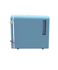 Side view of 6L Retro Mini Fridge Cooler in blue with vintage charm, portable design for car, office, dorm, bedroom, or cabin use.