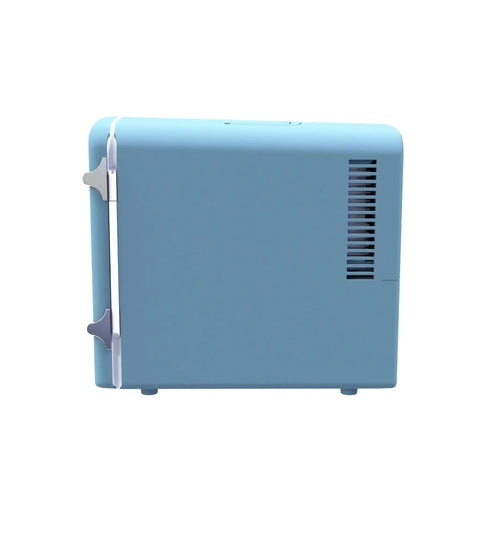 Side view of 6L Retro Mini Fridge Cooler in blue with vintage charm, portable design for car, office, dorm, bedroom, or cabin use.