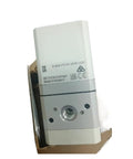Electric proportional valve, white top housing with gray body, front port, CE marking.