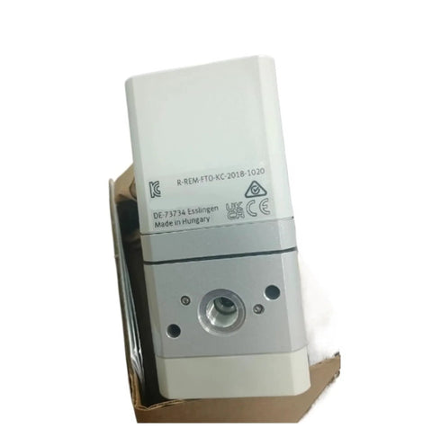 Electric proportional valve, white top housing with gray body, front port, CE marking.