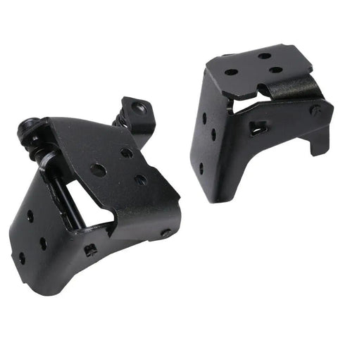 Top Shelf Left Driver Side Door Hinge Assembly 2 Piece Set Upper Lower Steel Aluminum Black Finish showing upper and lower hinges.