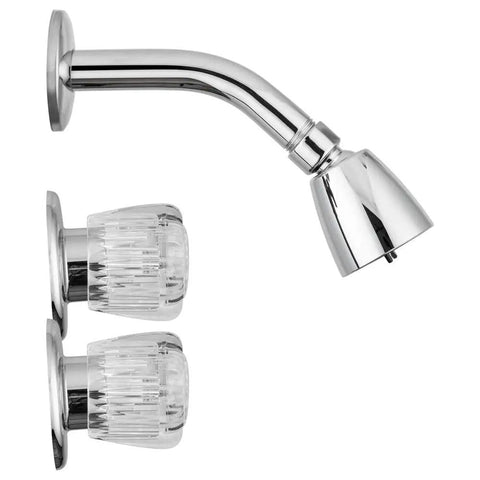 Budget Friendly Economical Shower Faucet Knobs With Crystal Acrylic Handles And Adjustable Showerhead Arm In Chrome Polished Finish