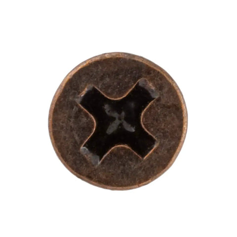 Close-up view of a Badass Gauge 5 X 5 Eighth Inch Flat Head Wood Screw with Phillips Drive Antique Copper Finish.