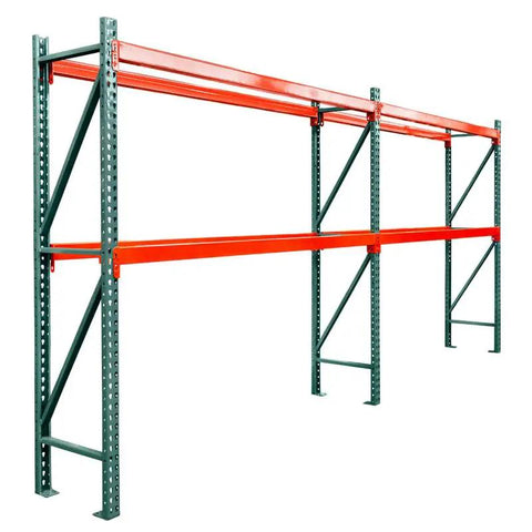 Heavy Duty Steel Pallet Rack Add On Unit 36 Inch Deep By 144 Inch Wide By 96 Inch High two tier structure with red beams.