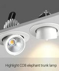 Nine Piece Adjustable Gimbal Eyeball Led Recessed Downlight Kit With Quick Swap Color Knobs And Heavy Duty Aluminum Build showing COB spotlight and cover.