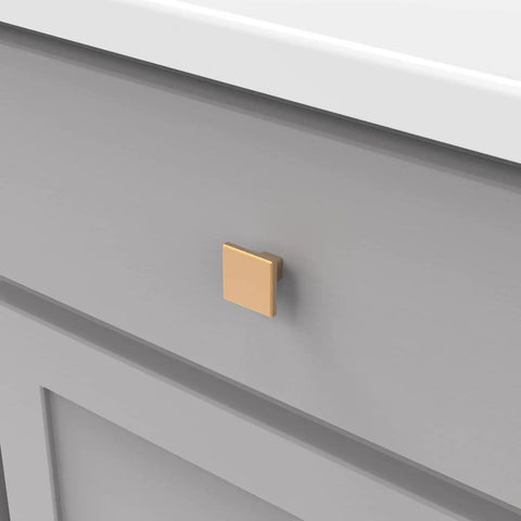 Square Kitchen Cabinet Knobs 10 Pack 1-3/16 Inch Matte Black Handles installed on gray cabinet drawer