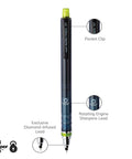 Diagram of Kuru Toga Mechanical Pencil Starter Kit 0.7mm HB2 with labels for pocket clip, rotating tip mechanism, and diamond-infused lead