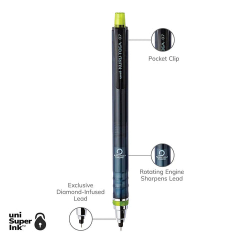 Diagram of Kuru Toga Mechanical Pencil Starter Kit 0.7mm HB2 with labels for pocket clip, rotating tip mechanism, and diamond-infused lead
