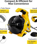 Kick Butt Automatic Electric Drain Cleaner With 30 Foot Cable And Air Activated Foot Switch For Rapid Snappy Sink Unclogging, Easy Toilet Pipe Clearing, And No Sweat Floor Drain Cleanup, featuring gray tube sleeve, handle, autofeed unit, and footswitch.
