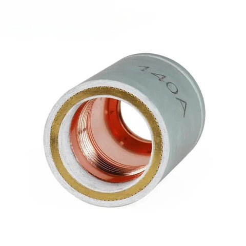 Durable PC0102 Outside Nozzle Shield Retaining Cap For P141 A141 And LT141 LTM141-A Plasma Cutting Torches, gray with copper interior.