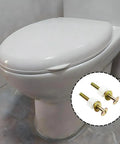 Toilet with inset showing Two Pack Heavy Duty Toilet Seat Screws with Hinge Bolts Hardware Kit for Top Mount Toilet Seats