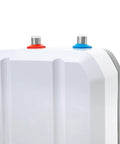 Compact Tankless Water Heater Under Sink For Kitchen Serving Up Right Quick Hot Water With Slick Temp Dial And Snappy 1500W Coil For Hassle Free Washing, featuring red and blue temperature connections.