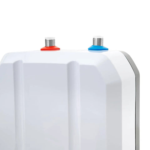 Compact Tankless Water Heater Under Sink For Kitchen Serving Up Right Quick Hot Water With Slick Temp Dial And Snappy 1500W Coil For Hassle Free Washing, featuring red and blue temperature connections.