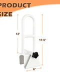 Bathtub Safety Rail With Adjustable Clamp And Grasp Handle size dimensions, 12" wide, 17.5" tall, 6" deep, in white finish