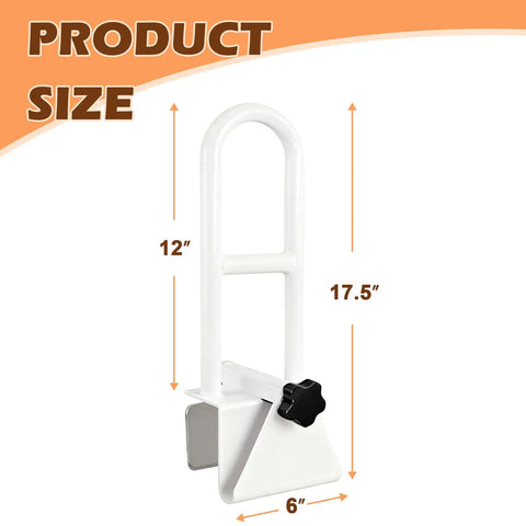 Bathtub Safety Rail With Adjustable Clamp And Grasp Handle size dimensions, 12" wide, 17.5" tall, 6" deep, in white finish