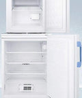 Slick Stacked Twenty Four Inch Refrigerator Freezer Combo Offering Zero Hassle Setup Holds Its Cool Inside with open doors showcasing shelves and digital locks.
