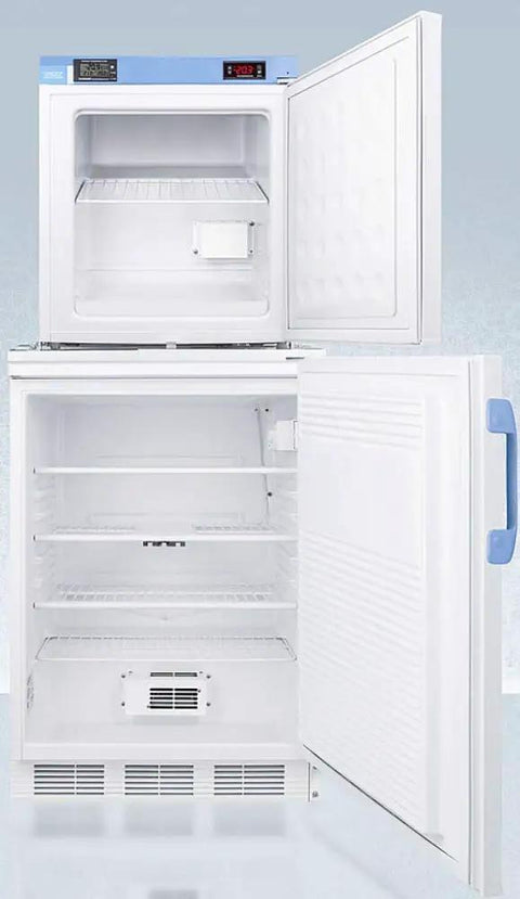 Slick Stacked Twenty Four Inch Refrigerator Freezer Combo Offering Zero Hassle Setup Holds Its Cool Inside with open doors showcasing shelves and digital locks.