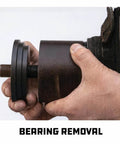 Close-up of a person using Front Wheel Drive Bearing Removal And Installation Tool Set For Domestic And Import Cars 23 Piece Kit For Replacing Front Wheel Bearings.