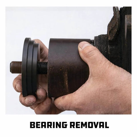 Close-up of a person using Front Wheel Drive Bearing Removal And Installation Tool Set For Domestic And Import Cars 23 Piece Kit For Replacing Front Wheel Bearings.